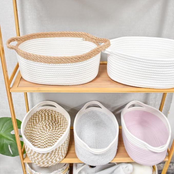 ABenkle Small Basket with Handles - Decorative Durable Rope Woven Storage Bin Shelf Storage Organizer Cube, Easter Baby Gift Basket, 12"x8"x5"