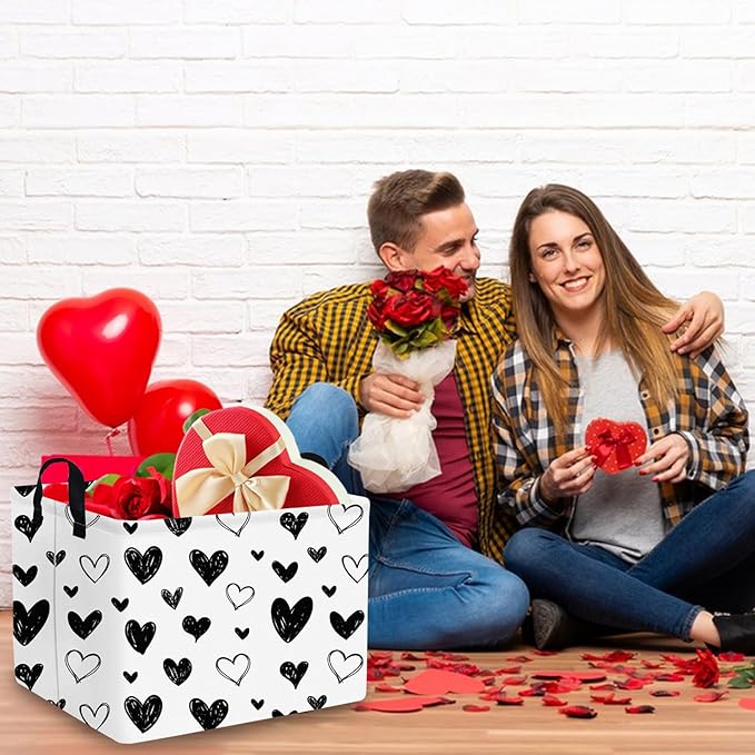 FXOCSHE Heart-Shaped Collapsible Waterproof Laundry Basket, Black Hearts