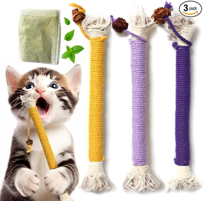 Cat Toys for Indoor Cats, Kitten Toys for Indoor Kittens, Catnip Rope Chew Toys for Teeth Cleaning, Interactive Cat Teething Toy, Kitty Kicker Toy, 3 Pack (Plus 1 Pouch of Catnip)