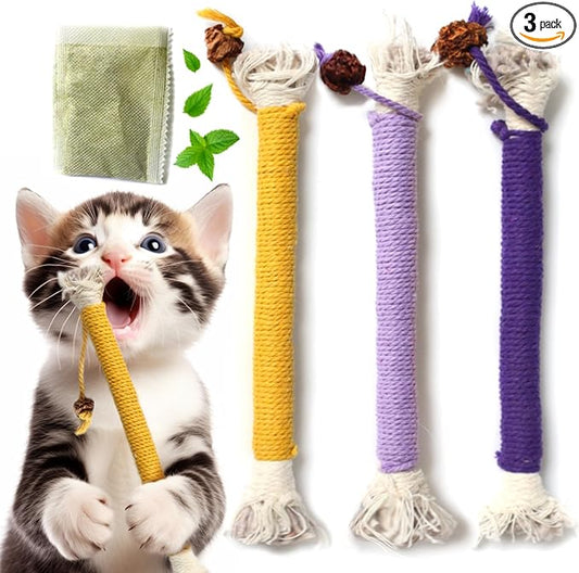 Cat Toys for Indoor Cats, Kitten Toys for Indoor Kittens, Catnip Rope Chew Toys for Teeth Cleaning, Interactive Cat Teething Toy, Kitty Kicker Toy, 3 Pack (Plus 1 Pouch of Catnip)