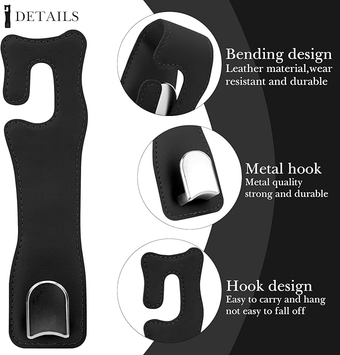 Headrest Hooks for Car - Leather Hanger with Metal Hooks for Seat Back Storage & Purses (Black, 2-Pack)