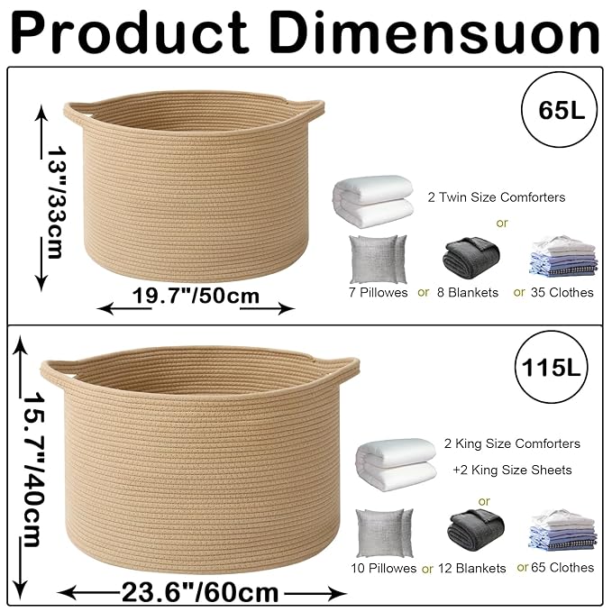65L Extra Large Woven Cotton Rope Blanket Basket with Handles, Laundry Hamper Storage Bin for Pillows, Comforters,Clothes, Toys, Nursery, Bedroom and Living Room Organization,Camel