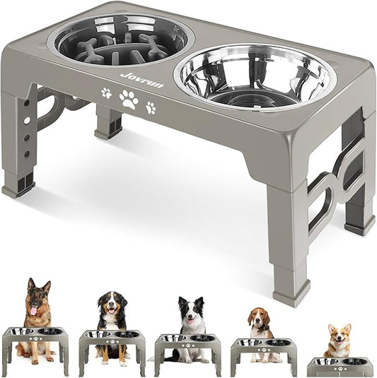 Jovrun Elevated Dog Bowls, Dog Feeder with Stainless Steel Dishes & Slow Feeder Bowl, 5 Heights Adjustable Raised Stand for Medium Large, Food Dishes with Non-Slip Feet