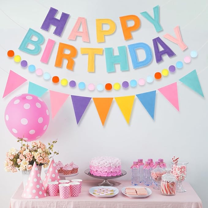 4 Strings Happy Birthday Felt Banner Decoration Pastel Birthday Sign Hanging Garland Reusable Bunting Banner Pom Pom Garland Backdrop Decor for Girls Boys Bday Party Supplies Wall Decor