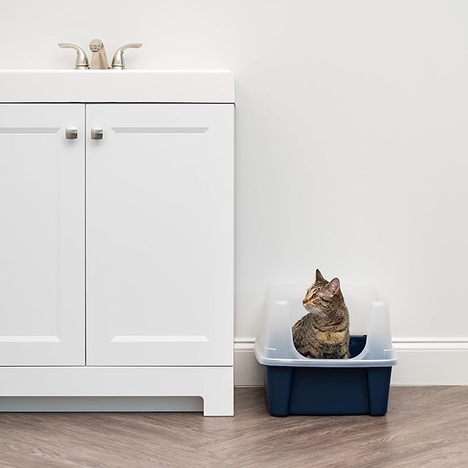 IRIS USA High Sided Cat Litter Box with Scatter Shield and Scoop, Open Top Cat Litter Pan, Navy