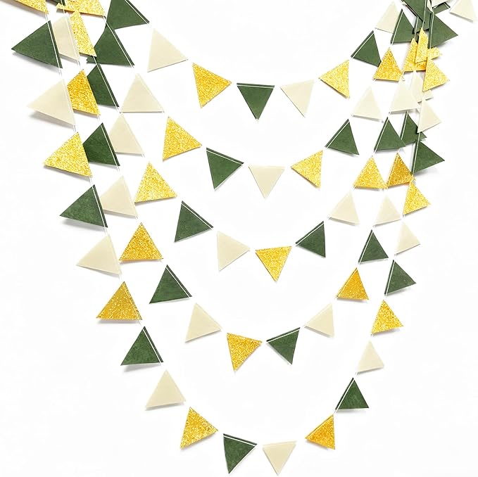 Sage Green Gold Party Decorations Oilve Green Beige Gold Glitter Felt Triangle Mini Banner Bunting Pennant Flag for Baby Shower Birthday Wedding Jungle Woodland Safari Party Nursery Classroom Decor