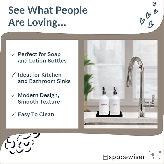 Spacewiser Countertop and Vanity Tray – Small 7.7” Silicone Tray, Soap Dispenser Trays, Bathroom Trays, Kitchen Soap Holder Sink Organizer Counter Caddy for Soaps Bottle Keys, Sponge Holder Dish Black