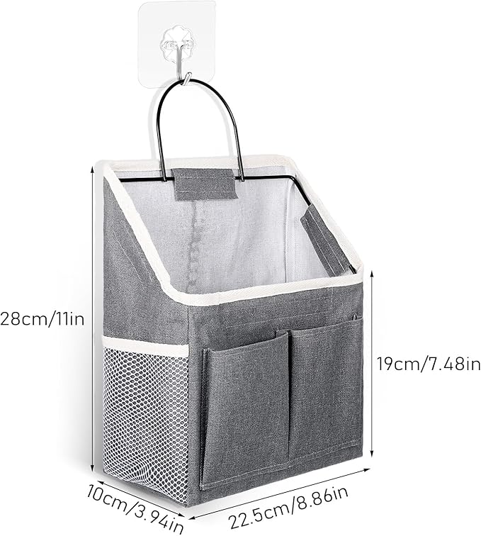 3pcs Wall Hanging Organizer Bag, Linen Fabric Door Hanging Storage Basket with Pockets, Waterproof Bin for Kitchen Bedroom Bathroom Office RV Camper, Gray