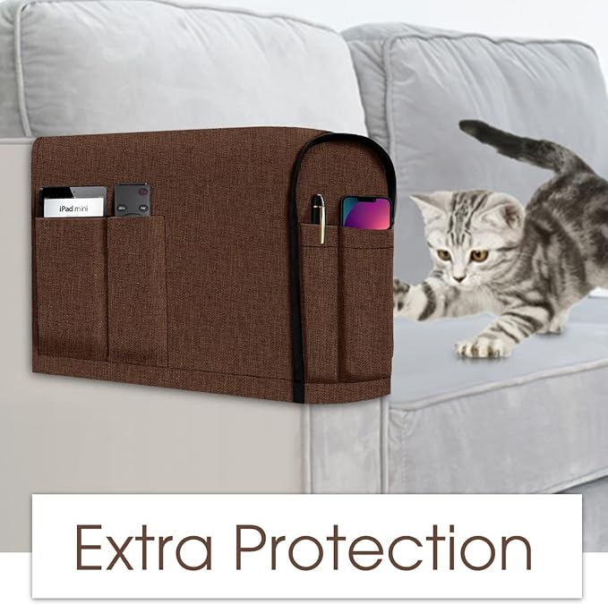 Joywell Recliner Armrest Covers for Living Room Anti-Slip Sofa Arm Protector for Dogs, Cats, Pets Armchair Slipcover for Couch with 4 Pockets for TV Remote Control, Phone, Set of 2, Brown