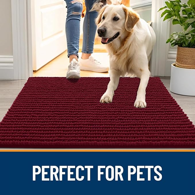 OLANLY Dog Door Mat for Muddy Paws 34x21, Ultra Absorbent Chenille Mud Doormat, Non-Slip Washable and Dirt Trapping Doormat for Indoor Entryway, Quick-Dry Indoor Pet Bed Mats for Dogs, Burgundy