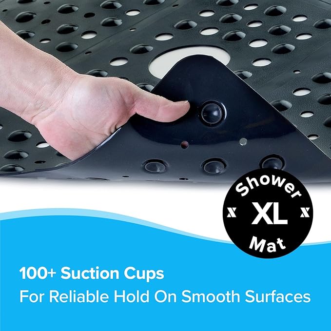 SlipX Solutions 27" Oversize Square Shower Mat, Non-Slip Mat for Elderly & Kids, 100+ Power Grip Suction Cups for Smooth Surfaces, Machine Washable, Black