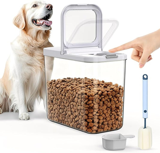 LEAWALK 12 Lbs Airtight Dog Cat Food Storage Container and Dog Treat Containers BPA-Free, PET Clear Stackable Pet Storage Bin, 1-Cup Scoop, 1-Sponge cleaning brush, Pop Top, With handle, Easy Mobility