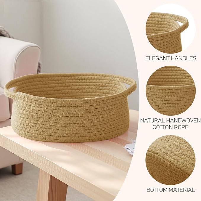JMvicyroam Woven Basket,Small Rope Storage Bin with Handles & Ribbon Bag, Organizer for Shelves Closets,Gift Basket Empty for Birthday,Books,Dog Toys, Jute/2 Pack