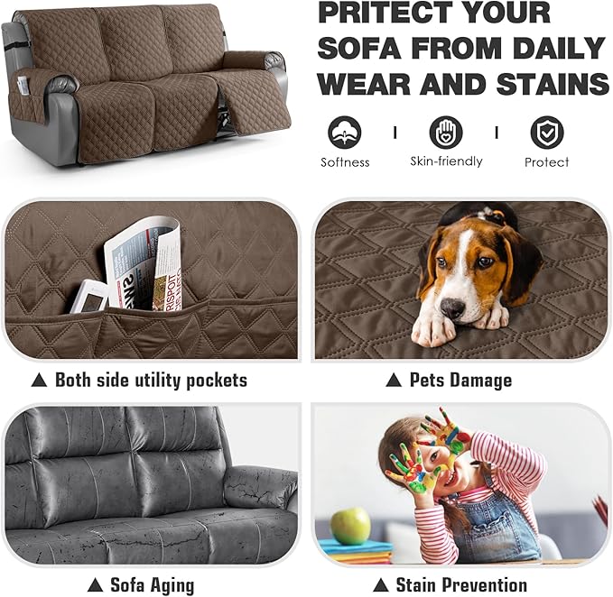 TAOCOCO 100% Waterproof Recliner Couch Covers, Recliner Sofa Covers with Leg Straps, 1-Piece Washable Reclining Sofa Cover with Pocket Couch Protector for Pets Kids(3 Seater, Brown)