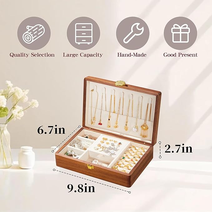 Travel Jewelry Case Small Wood Jewelry Organizer Jewelry Box for Women (Nut-Brown Print D)