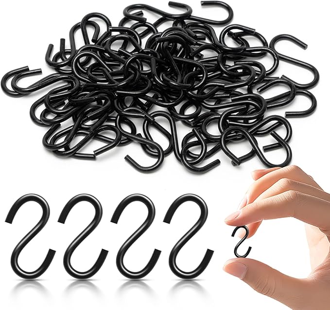 50PCS 1 Inch S Hooks, Mini Black Carbon Steel S Hooks for Hanging Plants, DIY Crafts, Jewelry, Key Chains, Christmas Ornaments