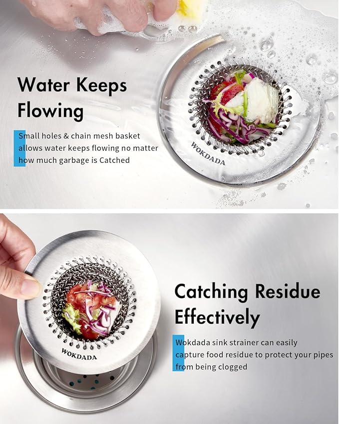 Revolutionary Kitchen Sink Drain Strainer& Sink Stopper/Patented Reversible Chain Mesh, Effortless Cleaning & Debris Catcher, Large Capacity, No Clog, 304 Stainless Steel & Rust-Proof