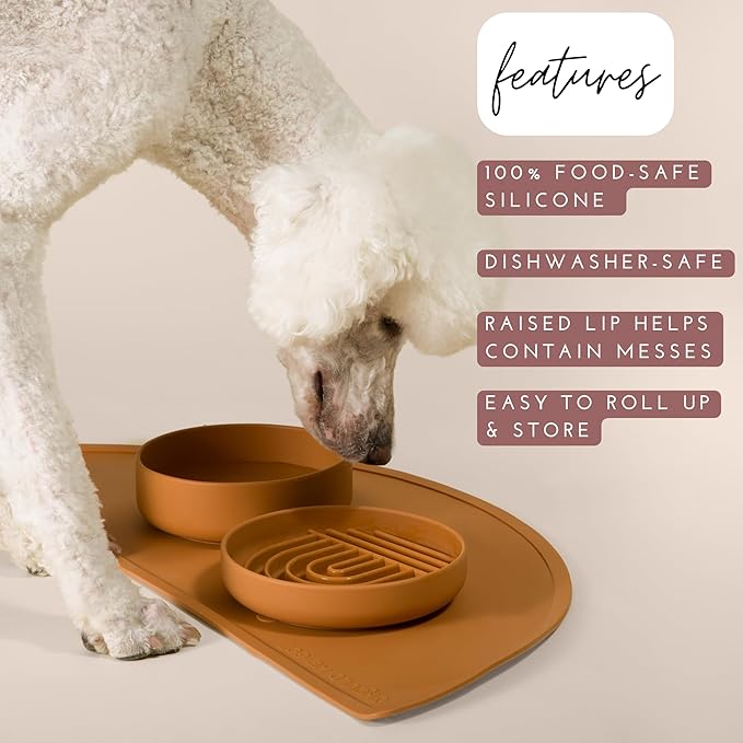 Should We Go? Waterproof Silicone Pet Food Mat - Non-Slip, Spill-Proof Feeding Mat for Floors, Raised Edge Design Easy-to-Clean Rubber Mat for Dog & Cat Bowls, 28" Across x 14" Deep, Large-Ocean Blue