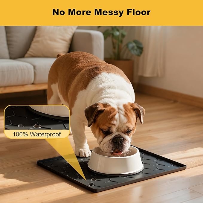 Pieviev Dog Cat Food Bowl Mat, Silicone Waterproof Food Grade Pet Food Mat for Floor, High Raised Edge to Prevent Spills, Non-Slip & Easy Clean Pet Placemat for Dog & Cat Bowls, 16''x12'', Black