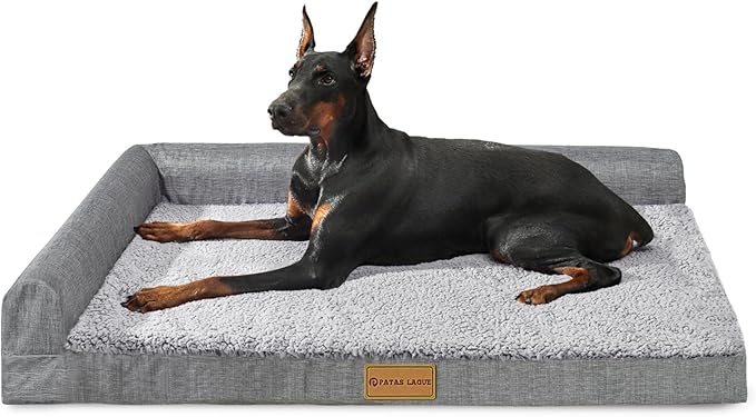 Patas Lague Orthopedic XL Dog Bed Large Sized Dog 42''X28'', Waterproof L Bolster Big Large Pet Sofa Beds with Removable Washable Cover, Soft Pet Couch Crate Mat with Nonskid Bottom, Grey