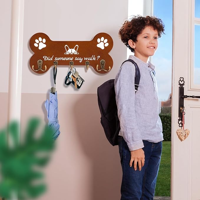 Bone Shape Dog Leash Hangers for Wall - Coat Rack with 5 Key Hooks, Perfect for Dog Lovers, Ideal for Entryway, Door and Bedroom Decor. 11.8'' x 5.9''(Brown)