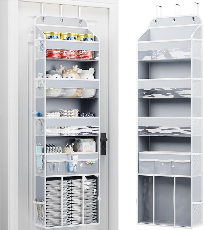 OneDream Over the Door Organizer for Nursery, 5-Tier Storage with Removable Caddy, Clear Pockets & Mesh Compartments, Ideal for Baby Essentials, Toiletries, Craft Supplies, Grey
