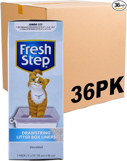 Fresh Step Jumbo Drawstring Cat Litter Box Liners, Unscented Heavy Duty Kitty Litter Bags for X-Large Oval or Rectangle Pans, Helps Contain Mess, Easy Lift Out Cleanup, 36 x 19 in, 7 Count - 36 Pack
