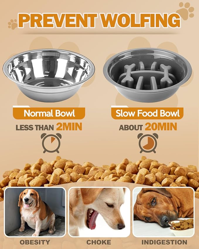 Jovrun Elevated Dog Bowls, Dog Feeder with Stainless Steel Dishes & Slow Feeder Bowl, 5 Heights Adjustable Raised Stand for Medium Large, Food Dishes with Non-Slip Feet