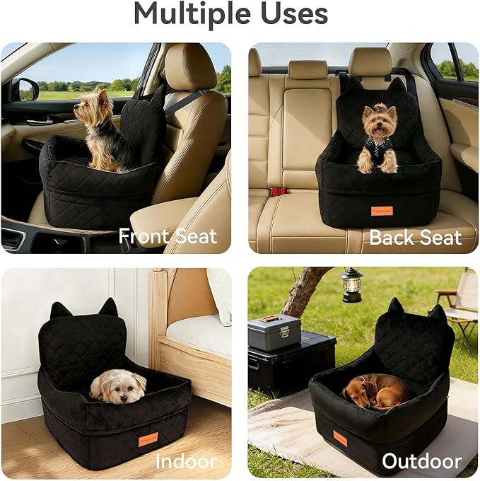 CABZOON Dog Car Seat for Small/Medium Dogs Up to 35lbs,Elevated Cushion Fits in Front/Back Seat,Travel Safety Per Car Bed with Washable Removable Cover, Storage 2 Pockets Black