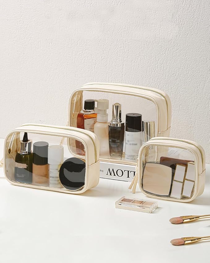 3Pcs Travel Clear Makeup Bag Set for Women, Transparent Toiletry Bag with Zipper Portable Makeup Pouch Organizer Waterproof Small Cosmetic Bag Compact Car Bag Organizer Car Accessories (White Set)
