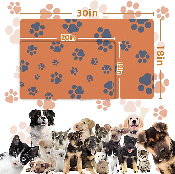 18"×30" Dog Food Mat-Absorbent Dog Mat for Food and Water, No Stains Quick Dry Cat Food Bowl Mat with Footprints for Messy Drinkers,Orange