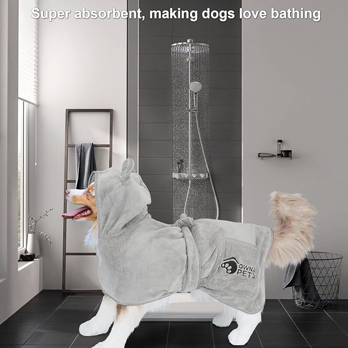 Ownpets Dog Bathrobe Towel, Super Absorbent Soft Dog Drying Robe with Cap & Pocket for Bathing & Beach Trips, Microfibre Fast Drying Dog Towel Robe for Dogs and Cats(Medium)