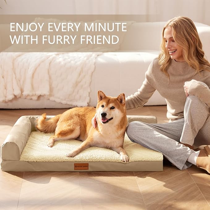 Patas Lague Orthopedic Jumbo Dog Bed for Extra Large Dogs 56''X40'', Waterproof L Bolster Jumbo Pet Sofa Beds with Removable Washable Cover, Soft Pet Couch Crate Mat with Nonskid Bottom, Beige