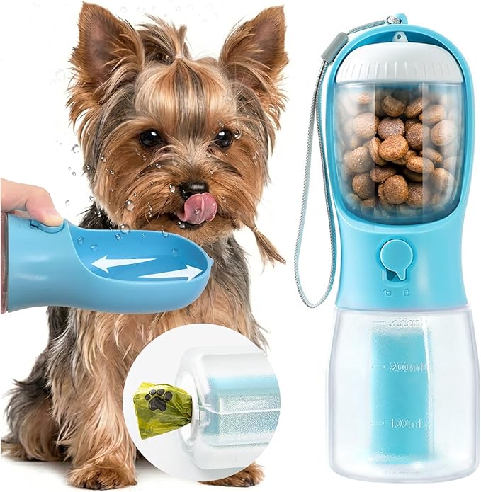 Portable Water Bottle for Small Dogs, 3 in 1 Animal Pet Travel Bowl Dispenser with Food Treat Container & Poop Bag Holder, Summer Hiking Walking Accessories for Puppy On The Go - Blue, 10oz
