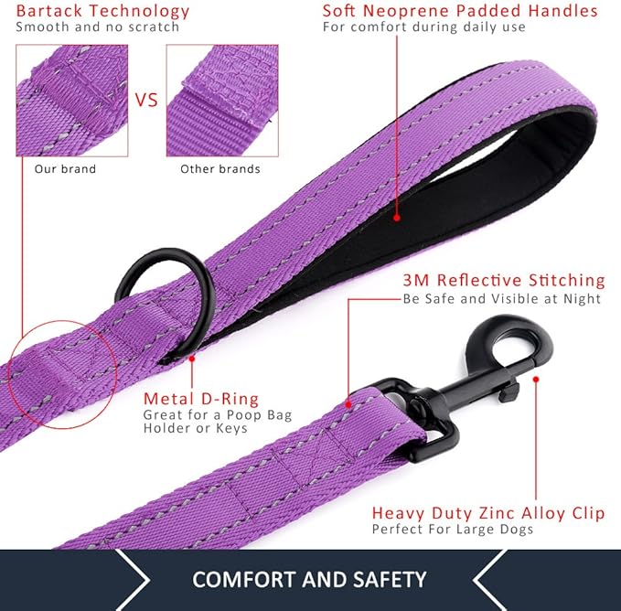 Plutus Pet Dog Leash 6ft Long, Traffic Padded Two Handle, Heavy Duty, Reflective Double Handles Lead for Control Safety Training, Leashes for Large Dogs or Medium Dogs, Dual Handles Leads (Purple)