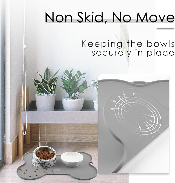 Dog Food Mat Dog Bowl Mat for Food and Water Silicone Non Spill Cat Feeding Mat Puppy Placemat Waterproof - 20.5" x 14.5", Grey