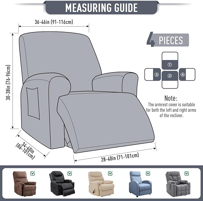 TAOCOCO Oversized Recliner Chair Covers, 1 Seater Streach Recliner Covers Soft Couch Protector Furniture Protector Covers with Elastic Chair Cover Jacquard Pattern (Grey)