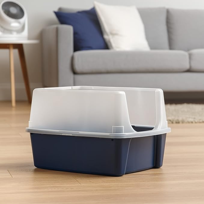 IRIS USA High Sided Cat Litter Box with Scatter Shield and Scoop, Open Top Cat Litter Pan, Navy