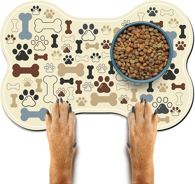 Dog & Cat Food Mat Bone Shaped Pet Feeding Mat Quick Absorb Water Bowl Placemat with Rubber Backing Indoor Floor Stain Resistant Pet Accessory Supplies (Beige, 12x18 Inches)