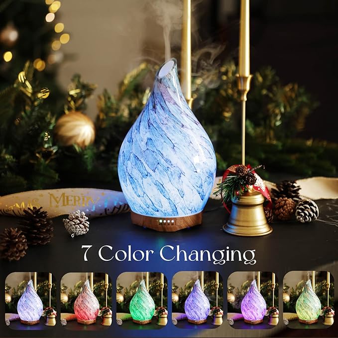 Porseme 280ml Glass Essential Oil Diffuser Aromatherapy Ultrasonic Cool Mist Humidifier 7 Running Hours Waterless Auto-Off Air Diffusers for Sleeping, Yoga, Office Working, Spa and Rest (Light Blue)