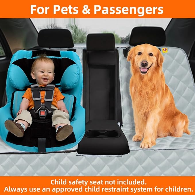 Dog Car Seat Cover for Back Seat, Waterproof Bench Backseat Protector, Nonslip Rear Seat Cover for Kids & Pets, Compatible with Middle Armrests, Fits Most Cars & Midsize SUVs