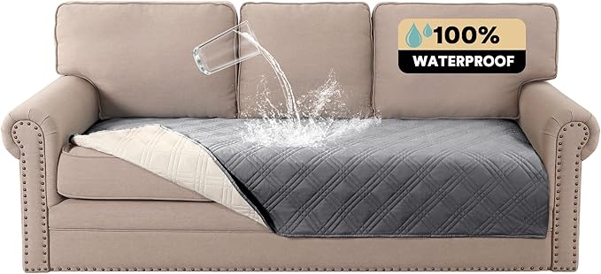 PrinceDeco Waterproof Blanket Couch Cover for Dogs Washable Grey Pet Couch Covers for Sofa Thick Dog Bed Cover Non-Slip Slipcover Furniture Protector Couch Seat Covers, 47"x68"