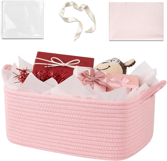 OIASKET Basket for Gifts Empty, Woven Storage Basket with Gift Bag, Ribbon and Wrap Tissue Paper, Small Rope Toy Storage with Handles for Baby Shower, Dog Toy Organizer, 13.6" x 10" x 5.9”, Pink