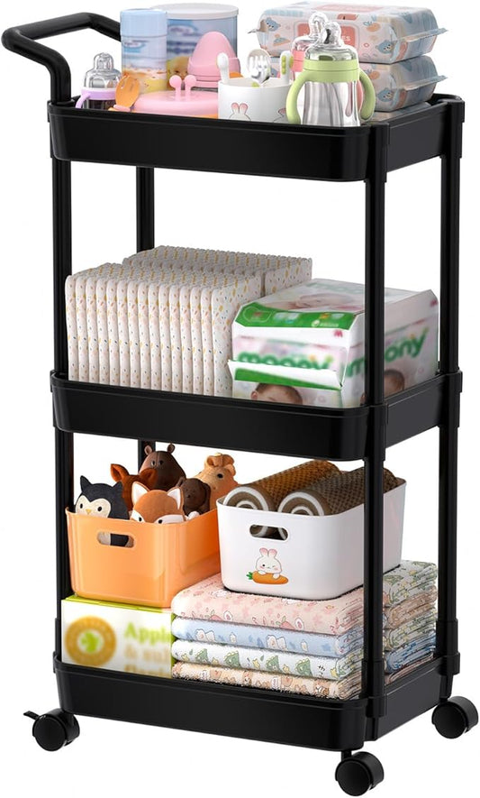 Volnamal Diaper Caddy - Plastic Diaper Organizer for Nursery Essentials, Baby Organizers and Storage, Movable Cart for Changing Table & Crib, Baby Registry Search, Black