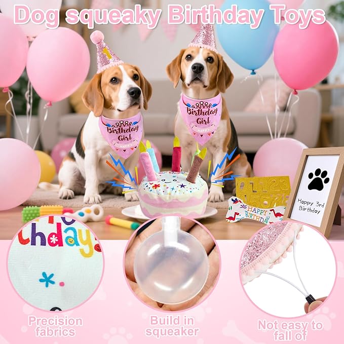 Dog Birthday Toy Set, Dog Squeaky Toys, Includes Squeaky Cake Toy, Plush Bones, Birthday Hats, Bandana, Paw Print Kit & Photo Frame. Pet Gift Supplies, Pink