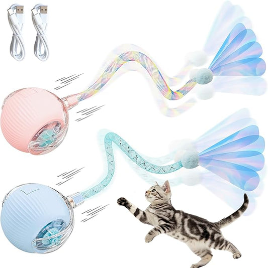 Lila Layers 2-Pack Interactive Cat Ball Toys – Pink & Blue Combo – Automatic Rolling Balls with Long Tail & Feather, 3-Modes & USB Rechargeable for Indoor Cats
