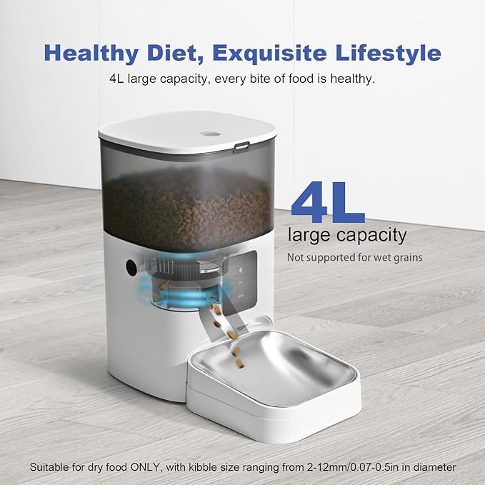 2.4G WiFi Automatic Cat Feeder, 4L Food Dispenser with 10s Voice Recorder, Pet Feeder up to 10 Meals per Day, Timed Cat Feeder with Dry Food Sealed Ring (White, 4L-WiFi)
