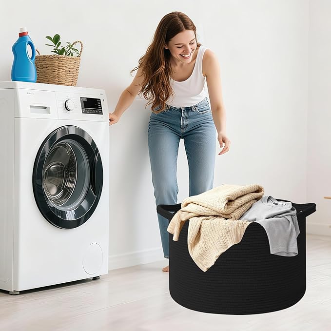 65L Extra Large Woven Cotton Rope Blanket Basket with Handles, Laundry Hamper Storage Bin for Pillows, Comforters,Clothes, Toys, Nursery, Bedroom and Living Room Organization,Black