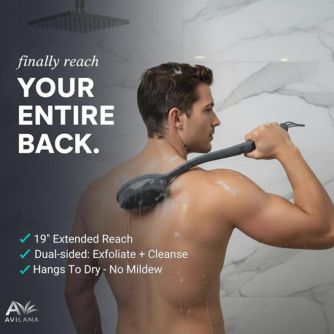 Avilana Premium Back Scrubber Long Handle 19 Inch - 8 Years Trusted Since 2017 - SGS Certified Silicone Bath Brush, Dual Sided Exfoliating Body Brush Extended Reach Back Washer Women Men Seniors Gift