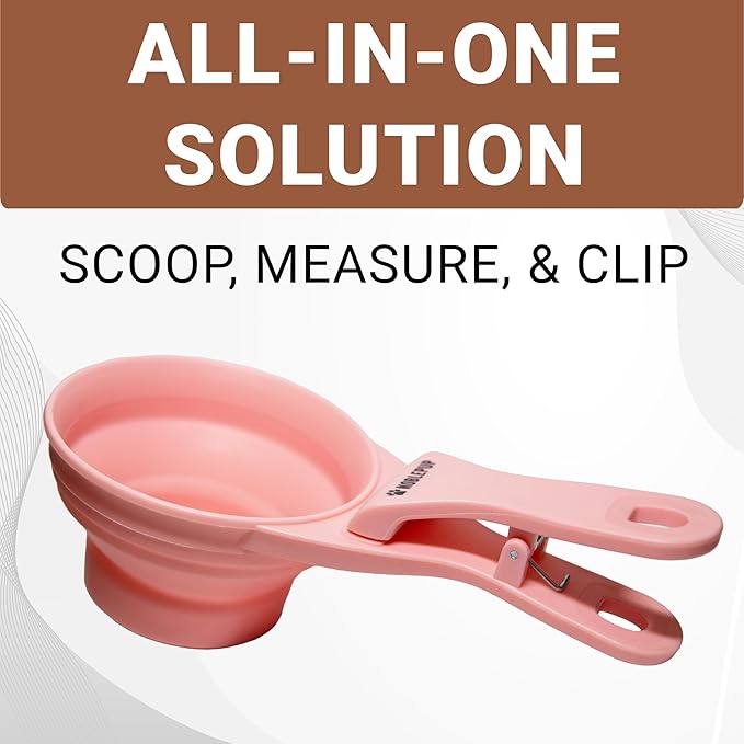 MeasureMate Pet Food Scoops with Bag Clip for Dog and Cat - 3-in-1 Multi-Function Collapsible Food Measuring Cup - 1 Cup Capacity, 8oz, Pink - Dishwasher Safe